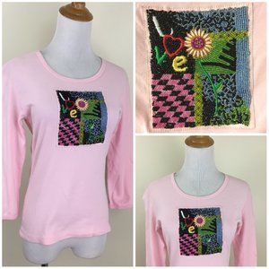 NWOT KOLORWAY USA Pink Multi-Color Beaded Sunflower Love Embellished Shirt
